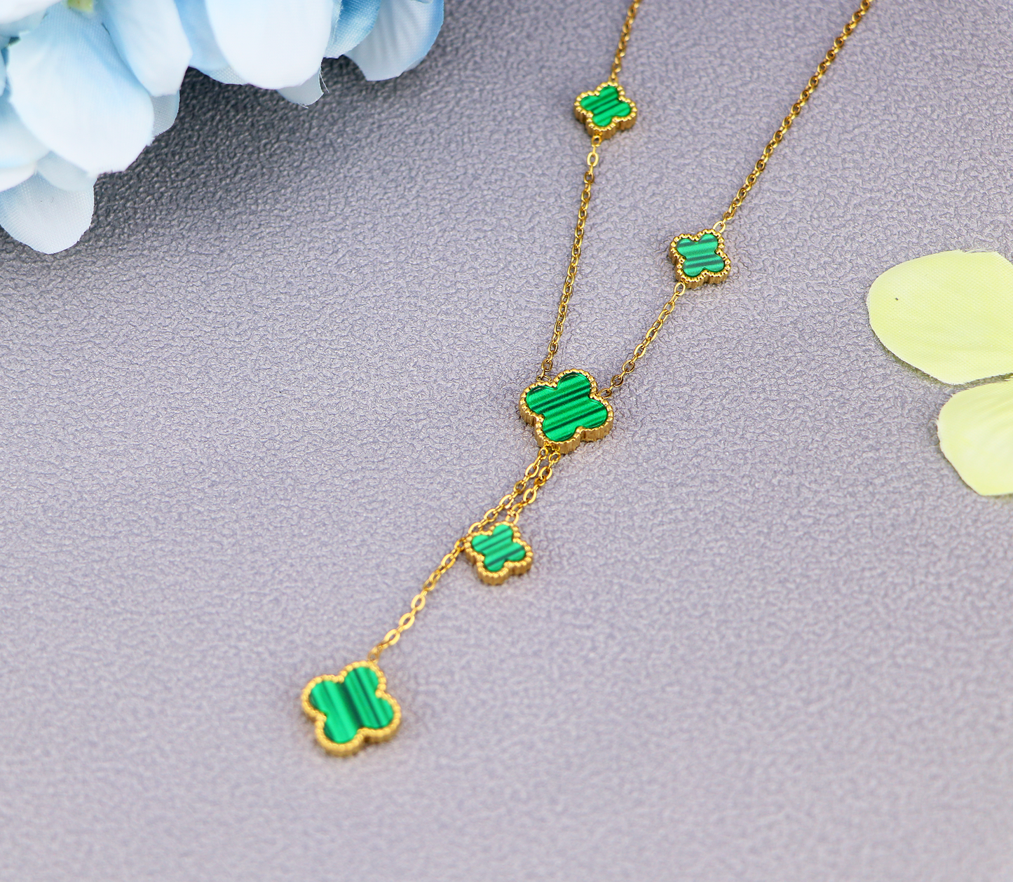18K Gold 5 Motifs Double Side Green Four Leaf Clover Necklace