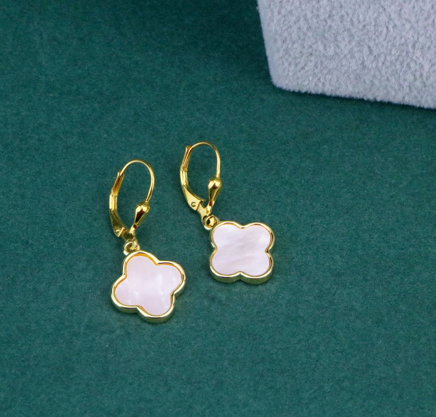 Double Clover Hoop Earrings,Gold Filled Mother of Pearl Clover Hoop Earrings