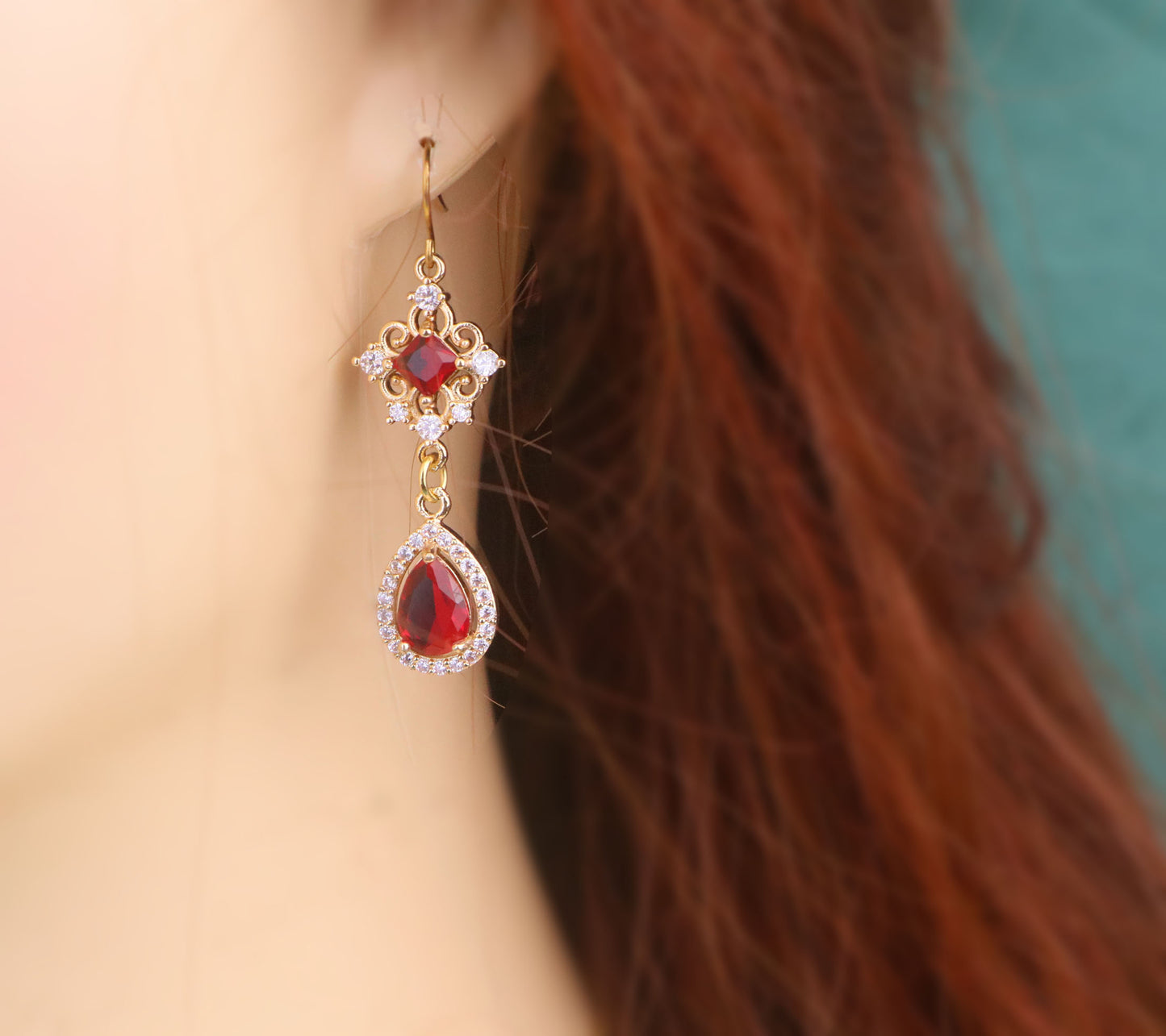 Gold Ruby Red Diamond Cross Choker Necklace,Ruby Teardrop bridal wedding Necklace