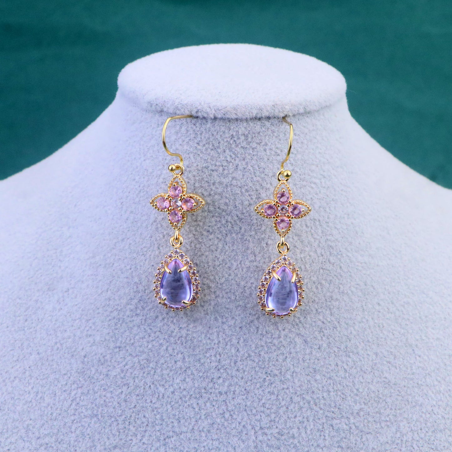 Regency Pink Purple Diamond Choker Necklace,Purple Clover Teardrop Necklace Earrings,bridal wedding Necklace