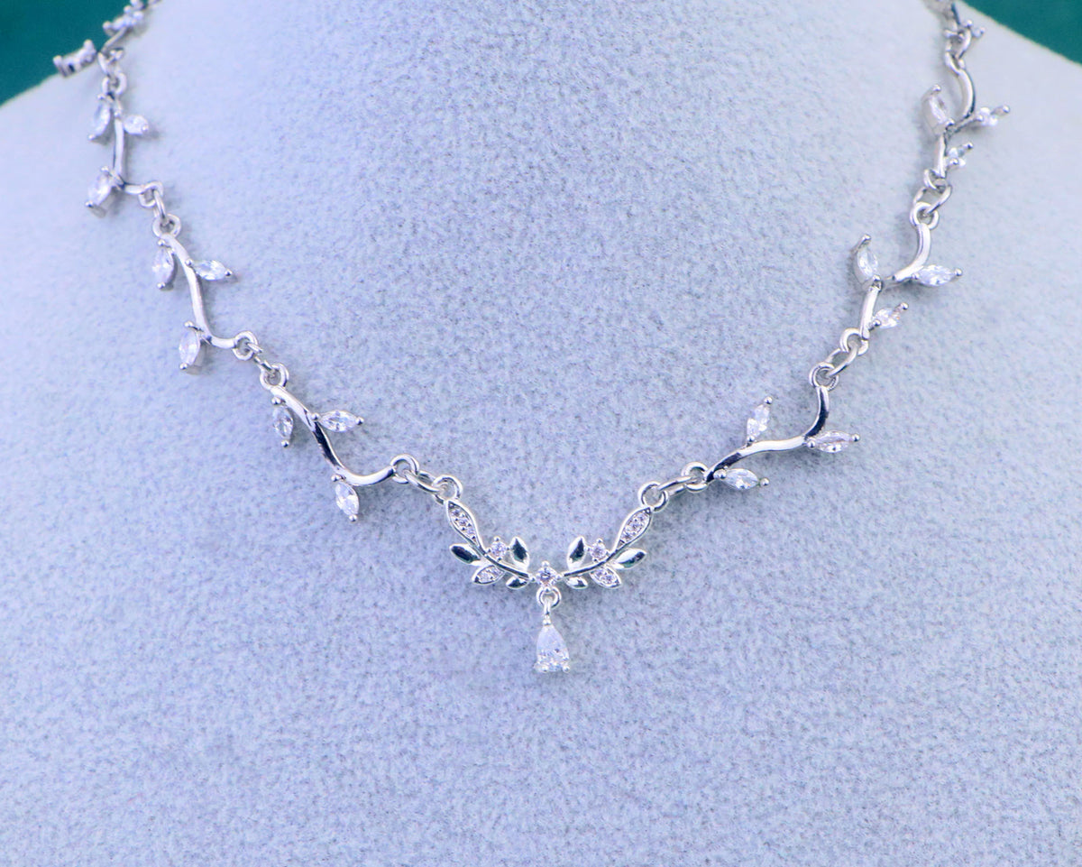 Silver Diamond Olive Leaf Vine Bridal Necklace