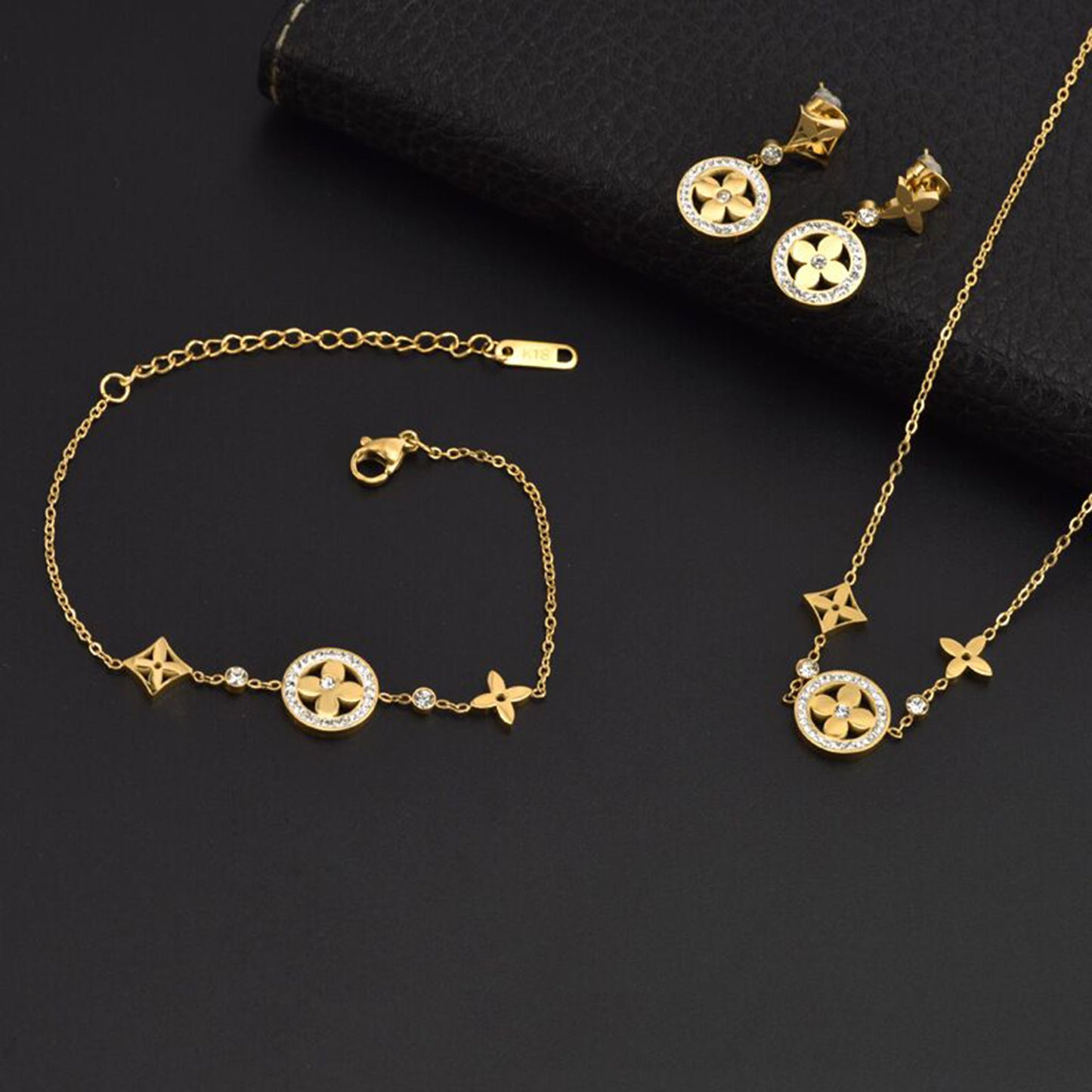 18K Gold CZ Four Leaf Clover Necklace,Clover Bracelet ,Clover Jewelry Set