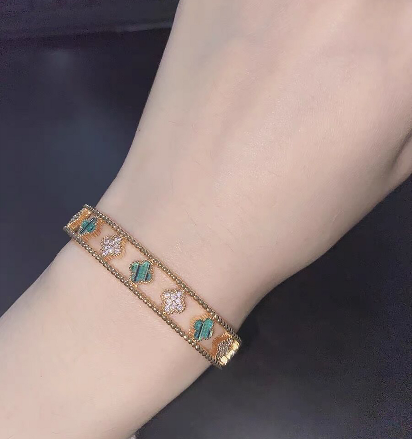 18K Gold Four Leaf Clover Bracelet Bangle Cuff,Black White Clover Bangle Bracelet