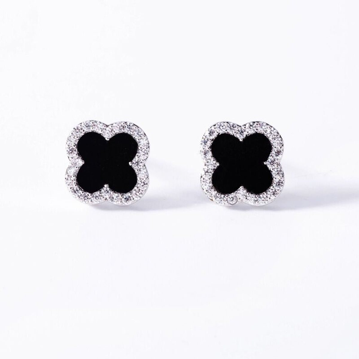 S925 Sterling Silver CZ Black Clover Earrings