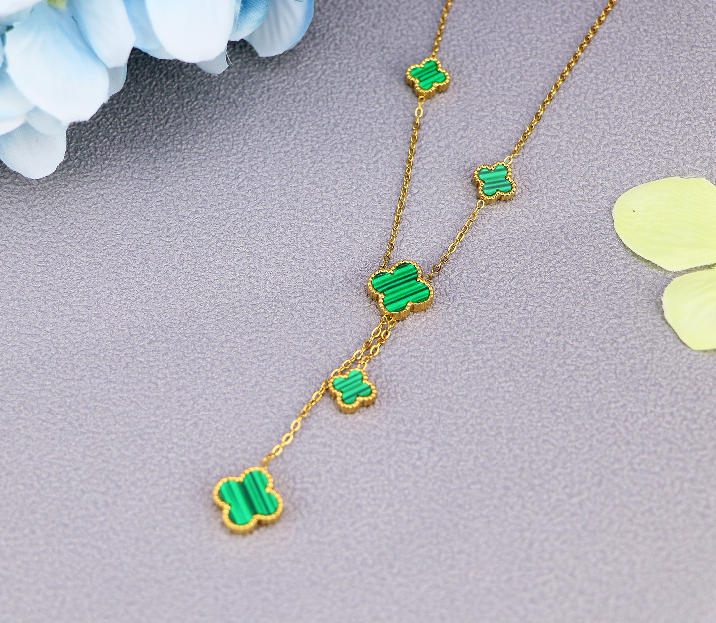 18K Gold 5 Motifs Double Side Green Four Leaf  Clover Necklace