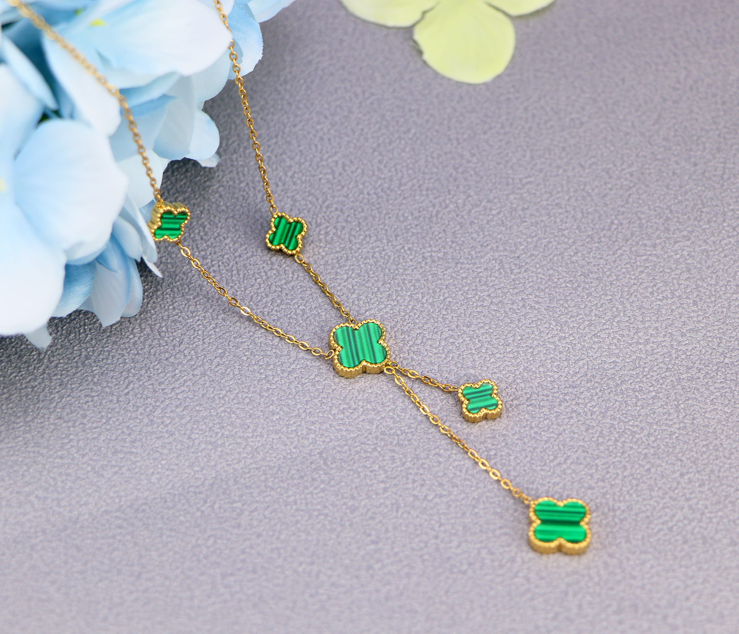 18K Gold 5 Motifs Double Side Green Four Leaf  Clover Necklace