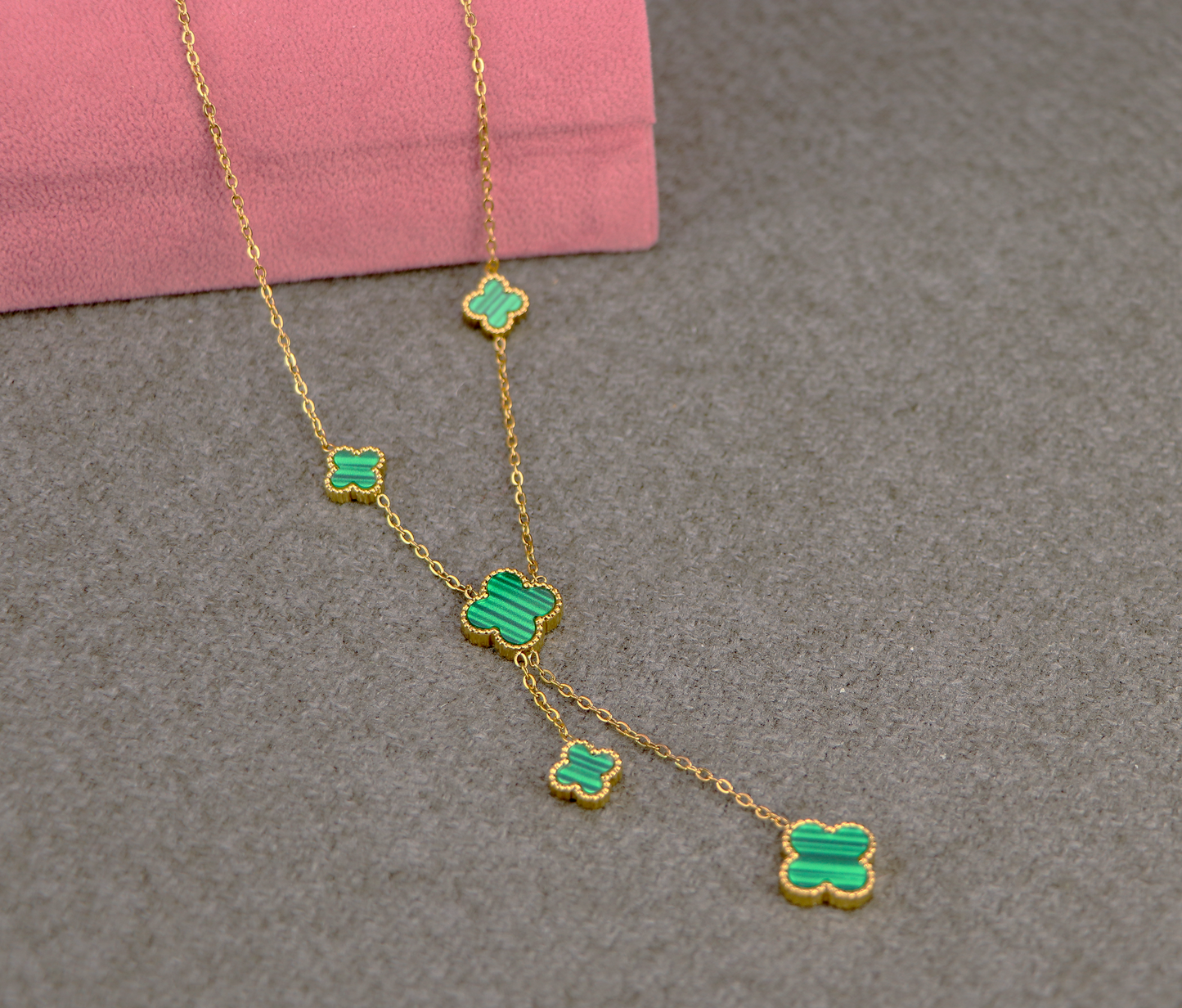 18K Gold 5 Motifs Double Side Green Four Leaf  Clover Necklace