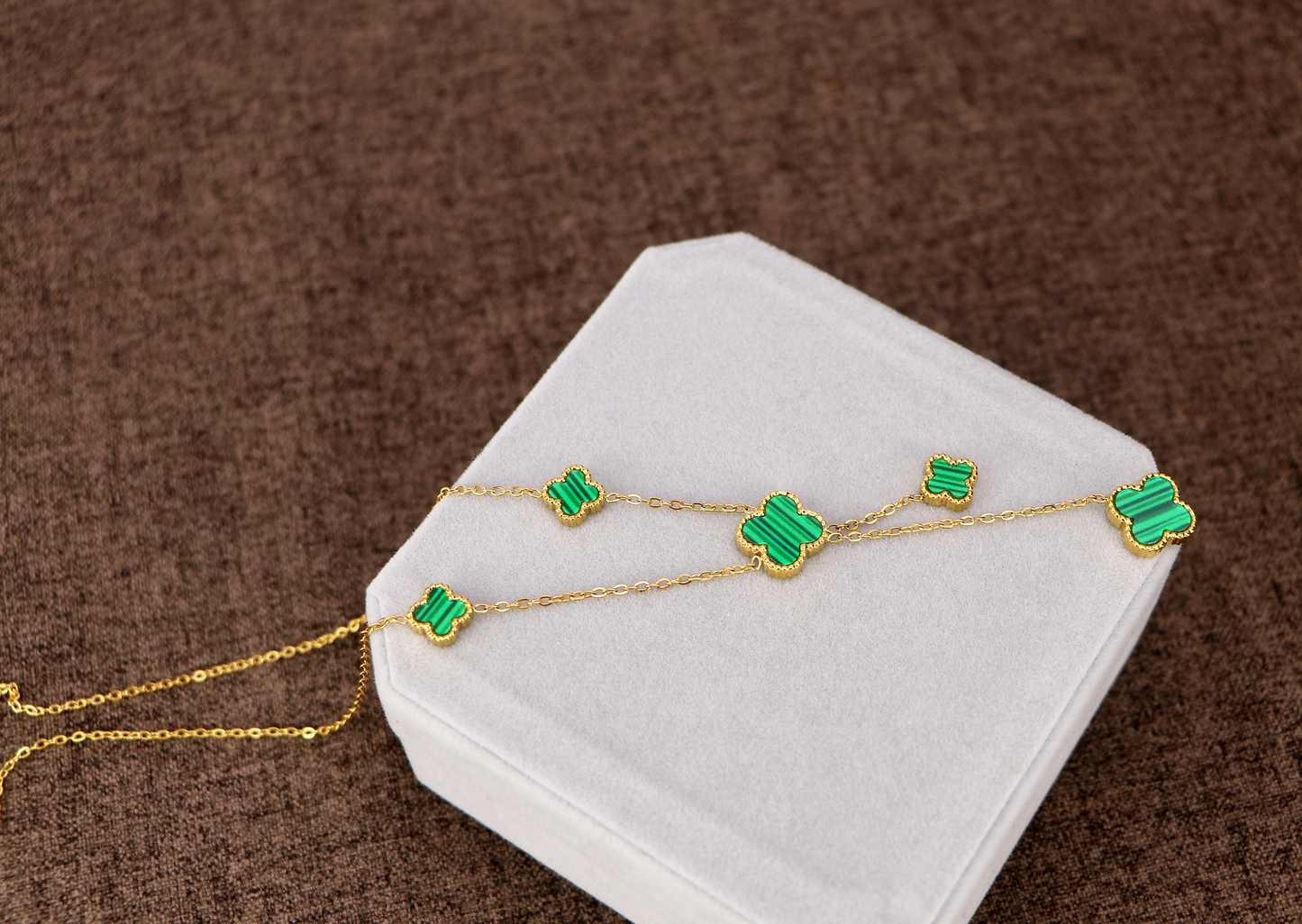 18K Gold 5 Motifs Double Side Green Four Leaf  Clover Necklace