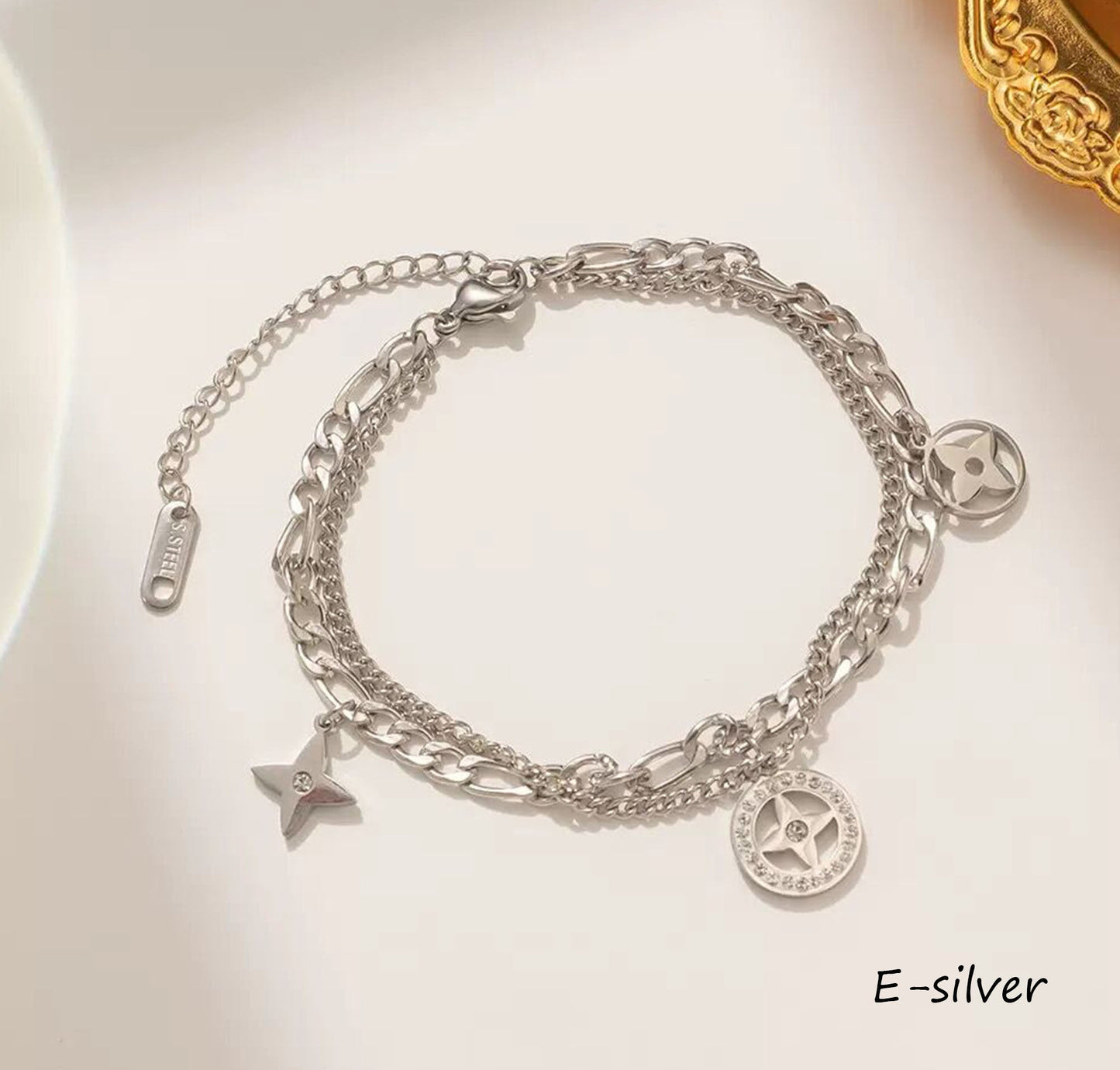 18K Gold Waterproof Double Side SIlver MOP Clover Bracelet