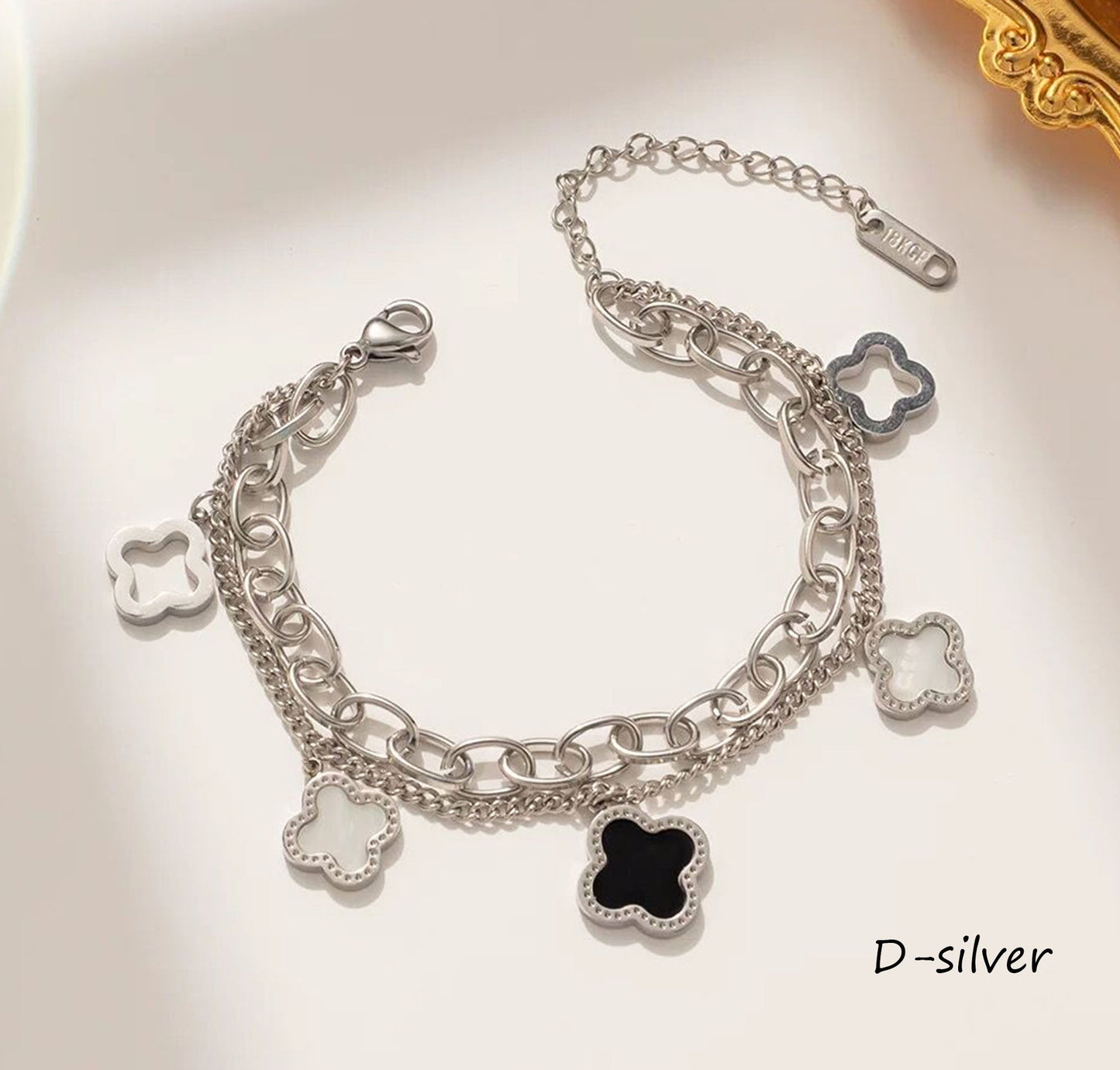 18K Gold Waterproof Double Side SIlver MOP Clover Bracelet
