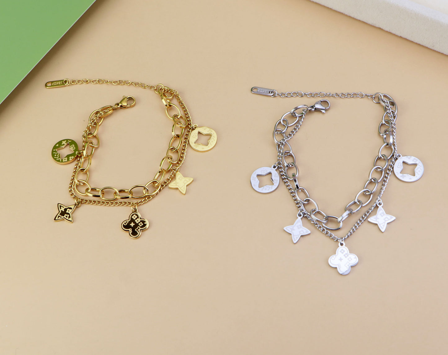 18K Gold Silver Waterproof double side  Clover Bracelet