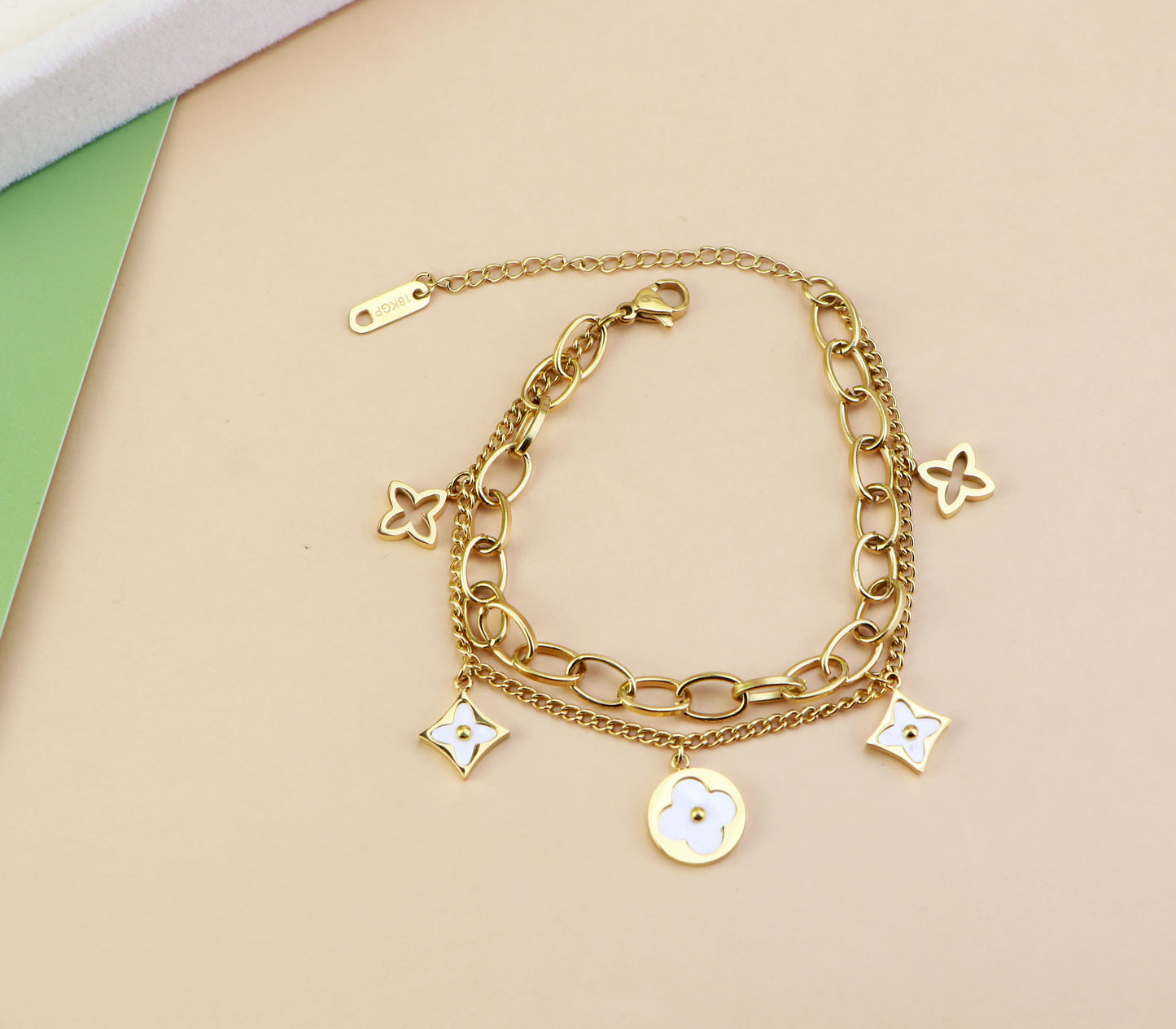 18K Gold double layer  Waterproof MOP Clover Bracelet