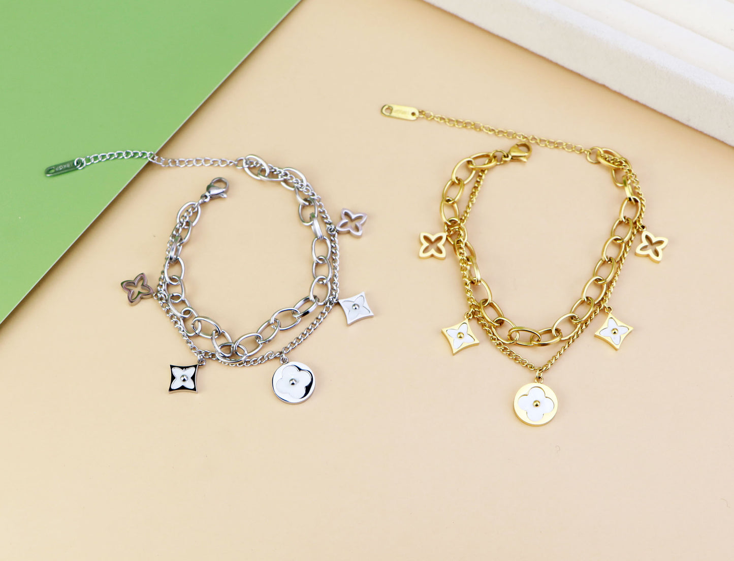 18K Gold double layer  Waterproof MOP Clover Bracelet