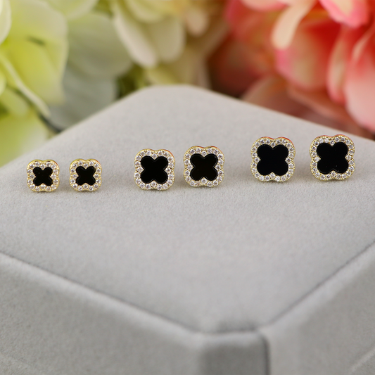 14K Gold Filled CZ Clover Stud Earrings,Gold Black Four Leaf Clover  Earrings