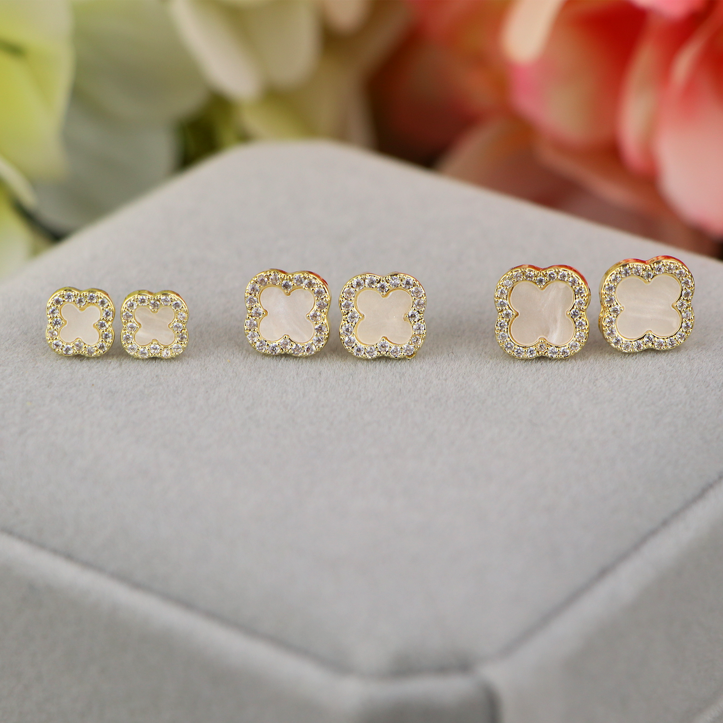 14K Gold Filled CZ Clover Stud Earrings,Gold White Four Leaf Clover  Earrings