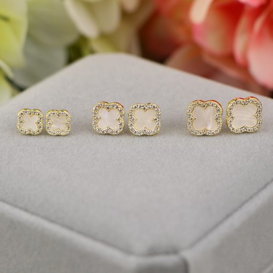 14K Gold Filled CZ Clover Stud Earrings,Gold White Four Leaf Clover  Earrings