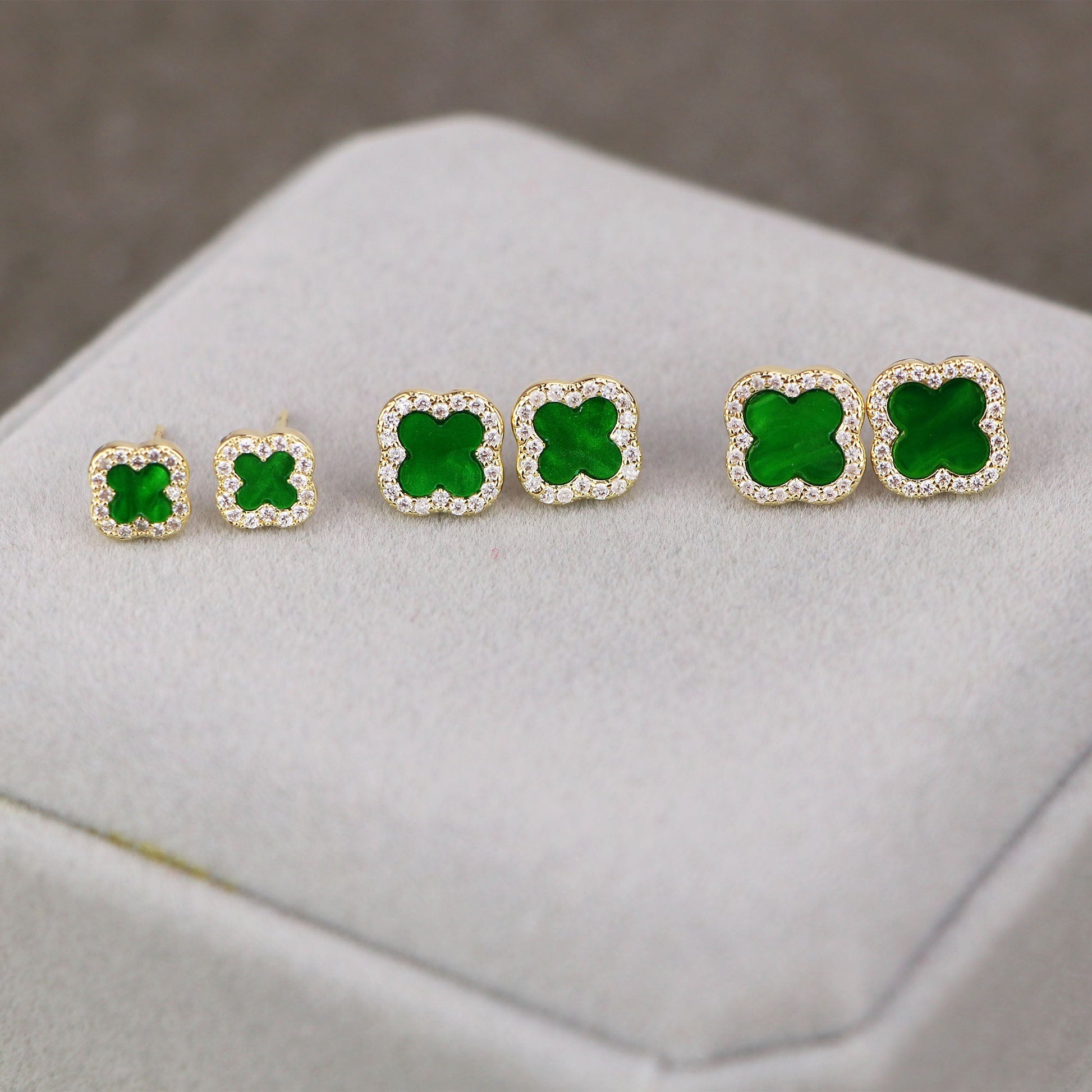 gold CZ green clover stud earrings
