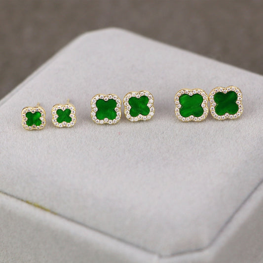 gold CZ green clover stud earrings