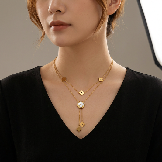 18k Gold Double Layer Mother of Pearl Clover Choker Necklace,Stainless Steel Flower Necklace