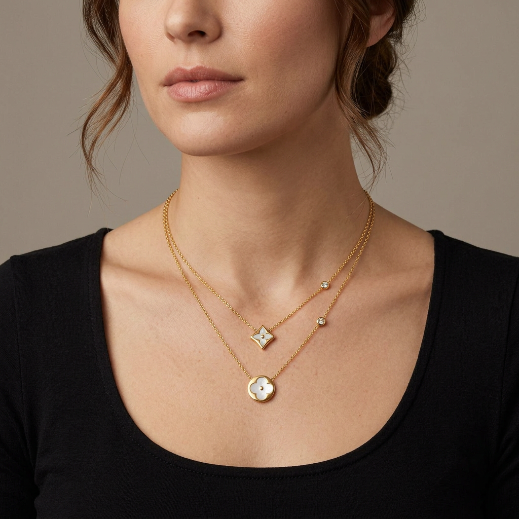 18k Gold Double Layer Mother of Pearl Clover Necklace,Tarnish Free MOP Necklace
