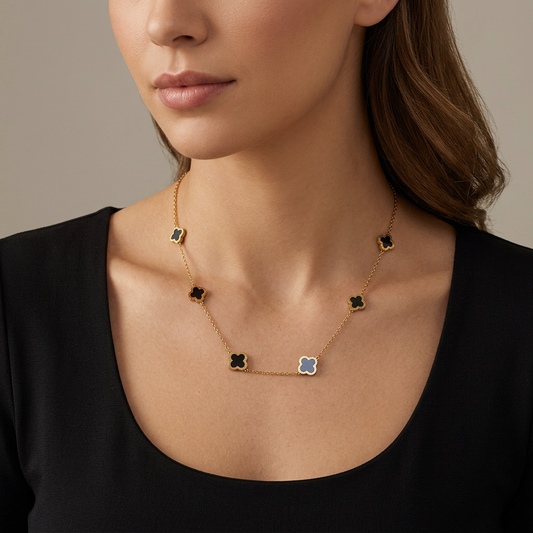 Model wearing the 18k Gold Filled Double Side Black 6 Clover Necklace