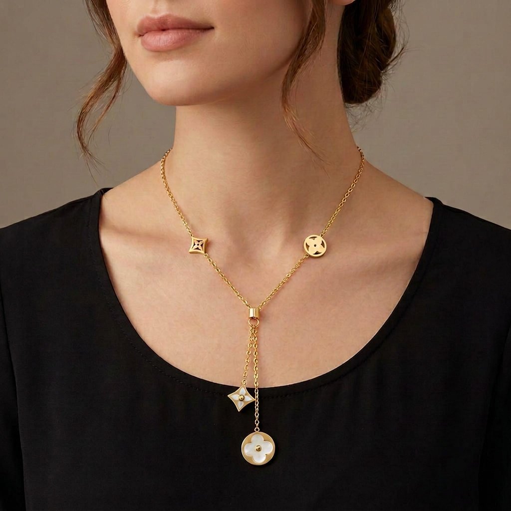  gold mother-of-pearl clover Y-necklace,18k Gold Mother of Pearl Clover Choker Necklace,Tanish Free Four Leaf Clover Necklace