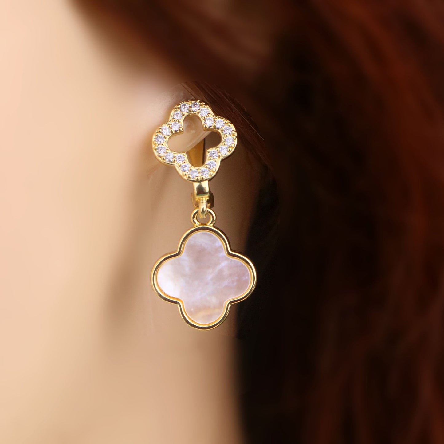 Double Clover Hoop Earrings,Gold Filled Mother of Pearl Clover Hoop Earrings