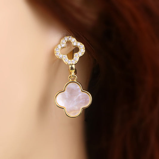 Double Clover Hoop Earrings,Gold Filled Mother of Pearl Clover Hoop Earrings