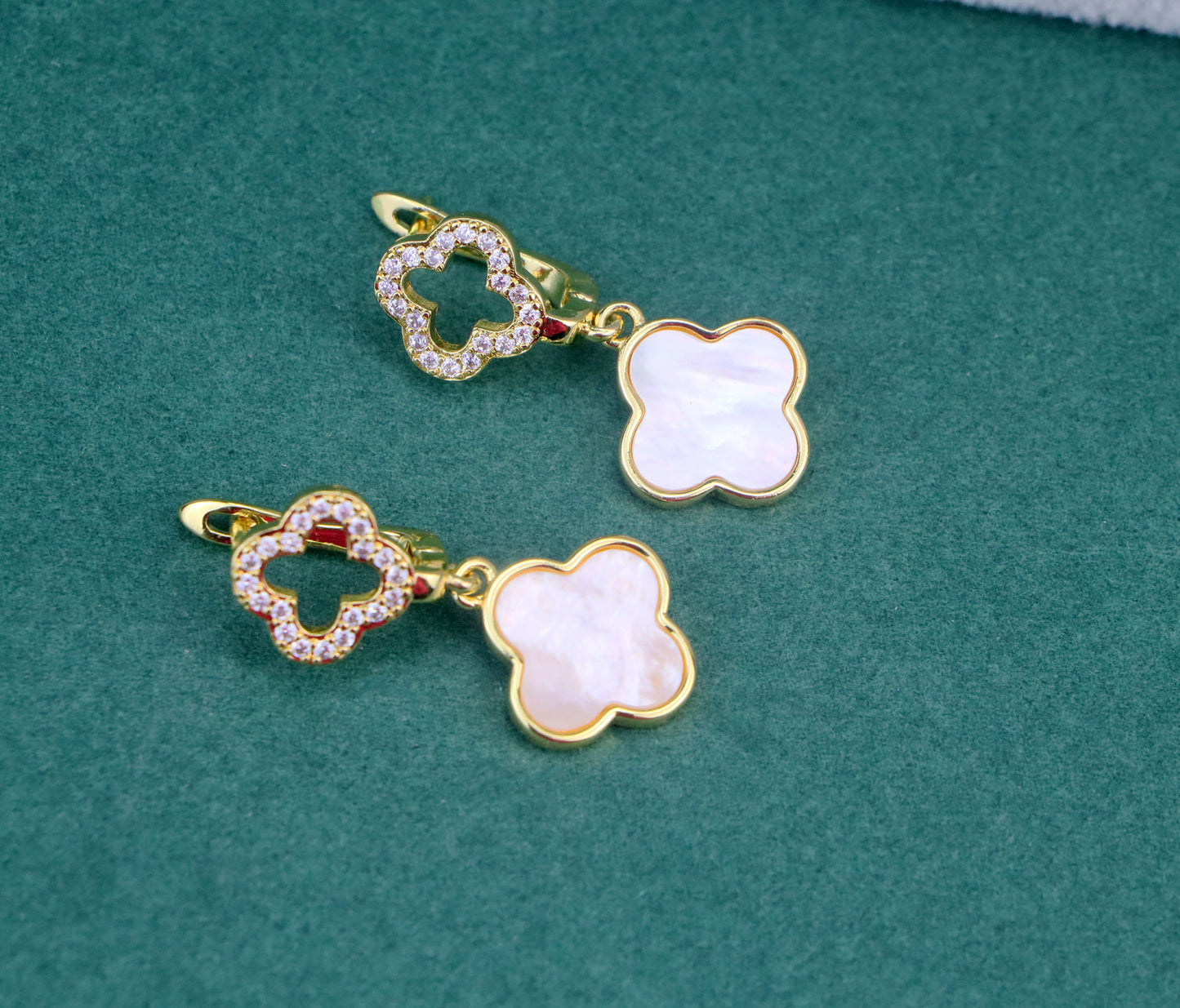 Double Clover Hoop Earrings,Gold Filled Mother of Pearl Clover Hoop Earrings