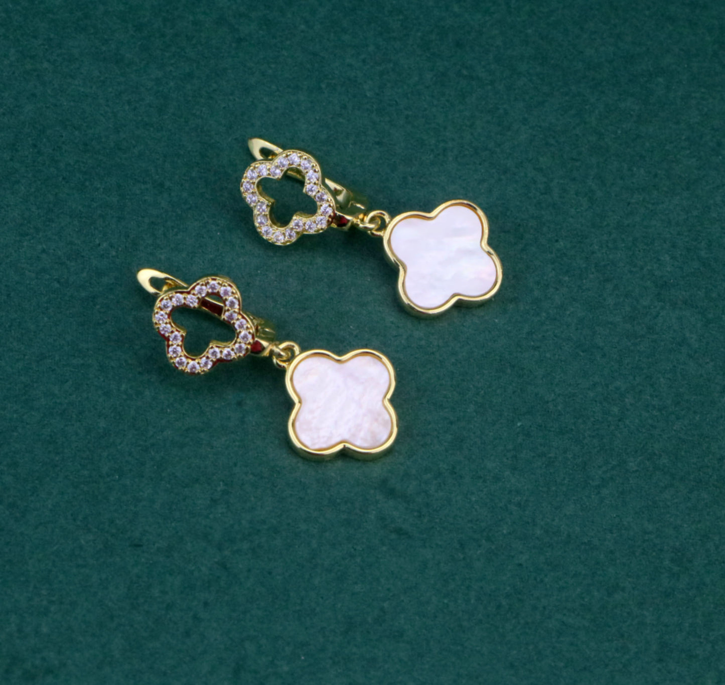 Double Clover Hoop Earrings,Gold Filled Mother of Pearl Clover Hoop Earrings