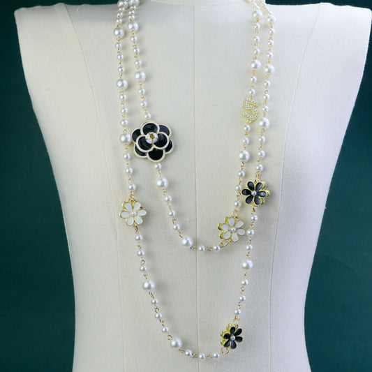 Double Layered Camellia Flower Necklace,Flower Sweater Chain Necklace