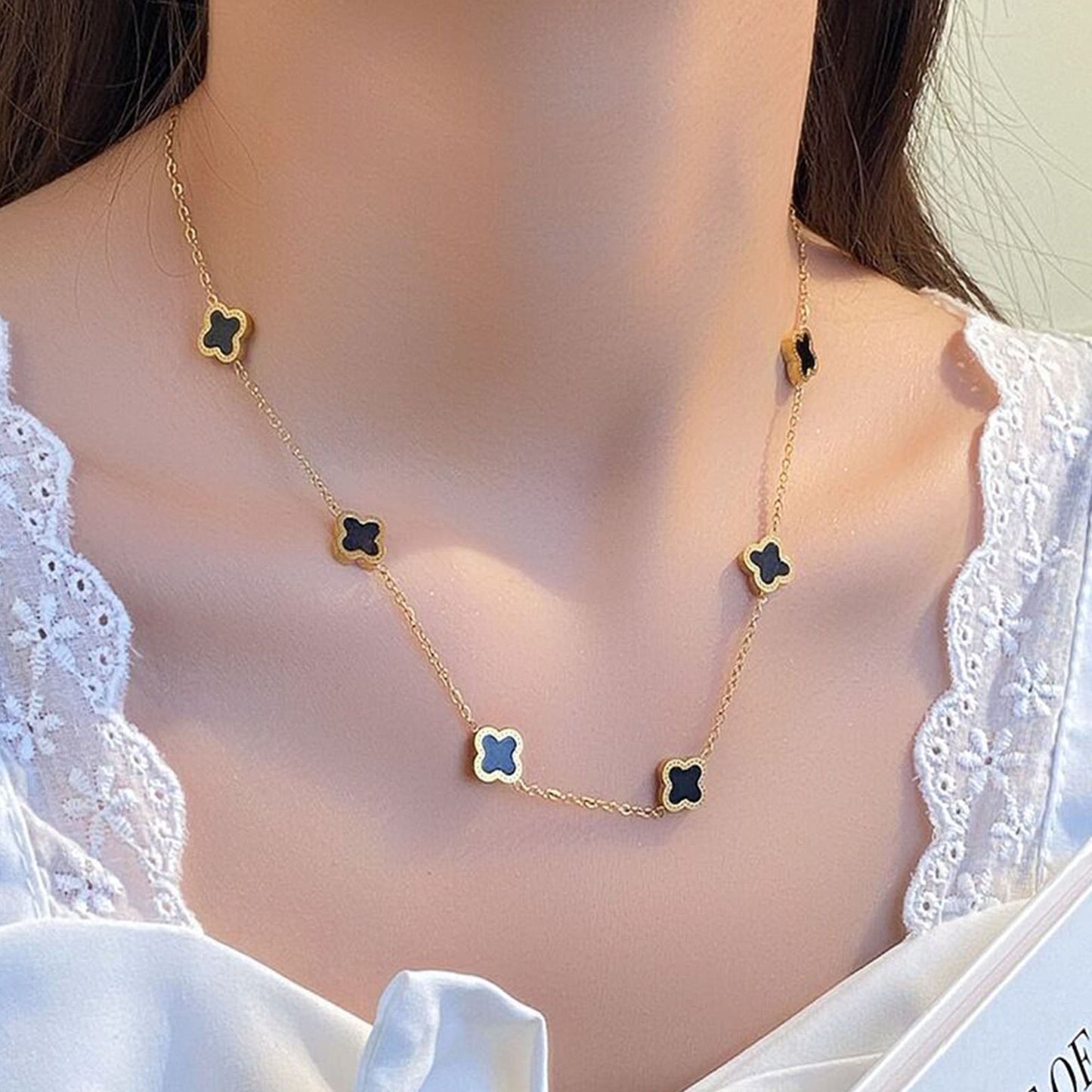 18k Gold Filled Double Side Black 6 Clover Necklace