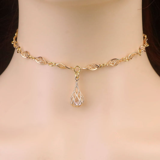 Gold DNA Twisted Choker Necklace with Diamond Lantern Pendant,Lantern Teardrop Necklace Earrings,Simple Formal Occasion Necklace,Regency fairycore princess Jewelry, bridal Necklace