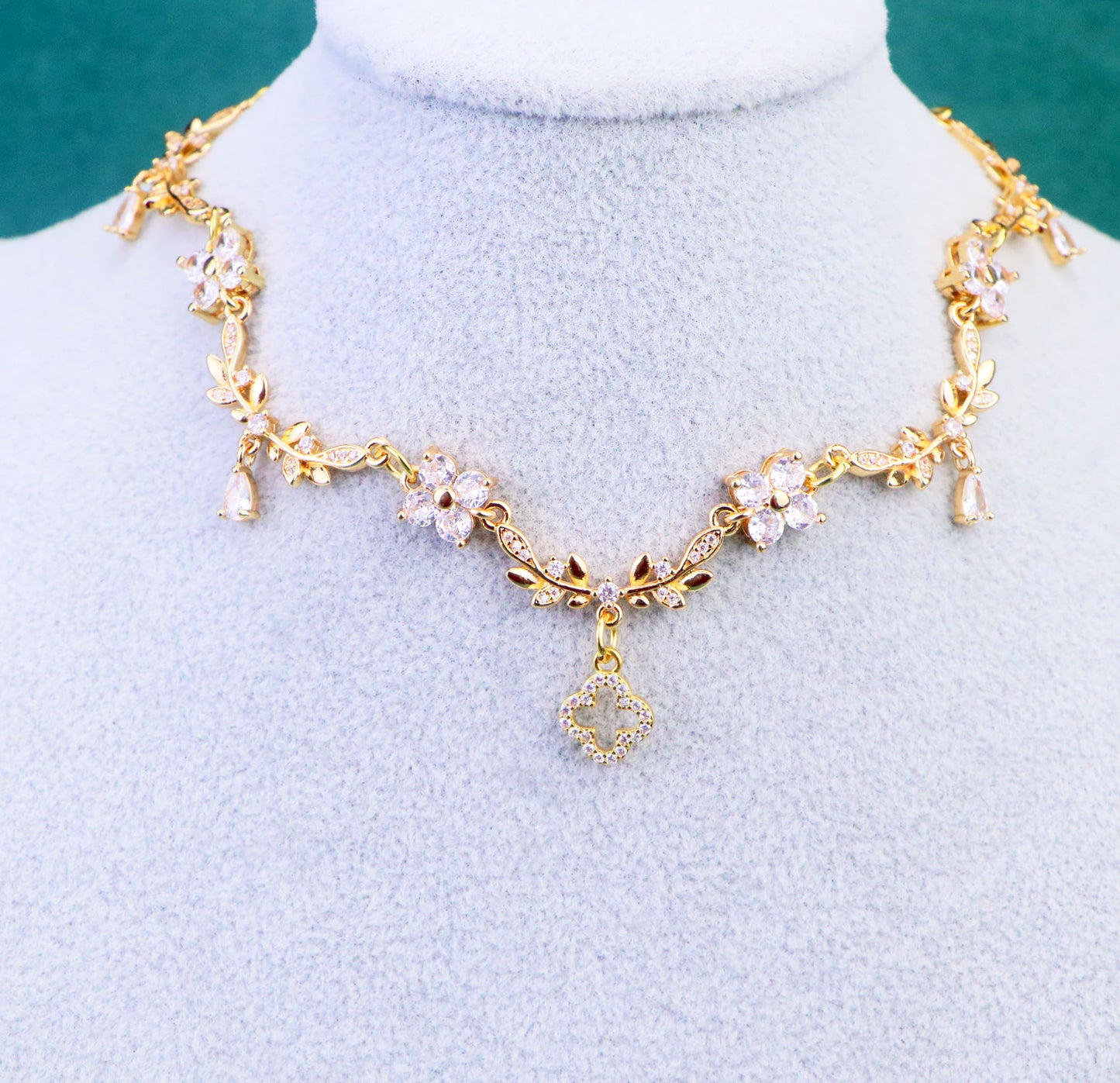 Gold Diamond Clover Pendant Necklace, Olive Leaf Vine Necklace,Clover Charm Fairy Choker Necklace