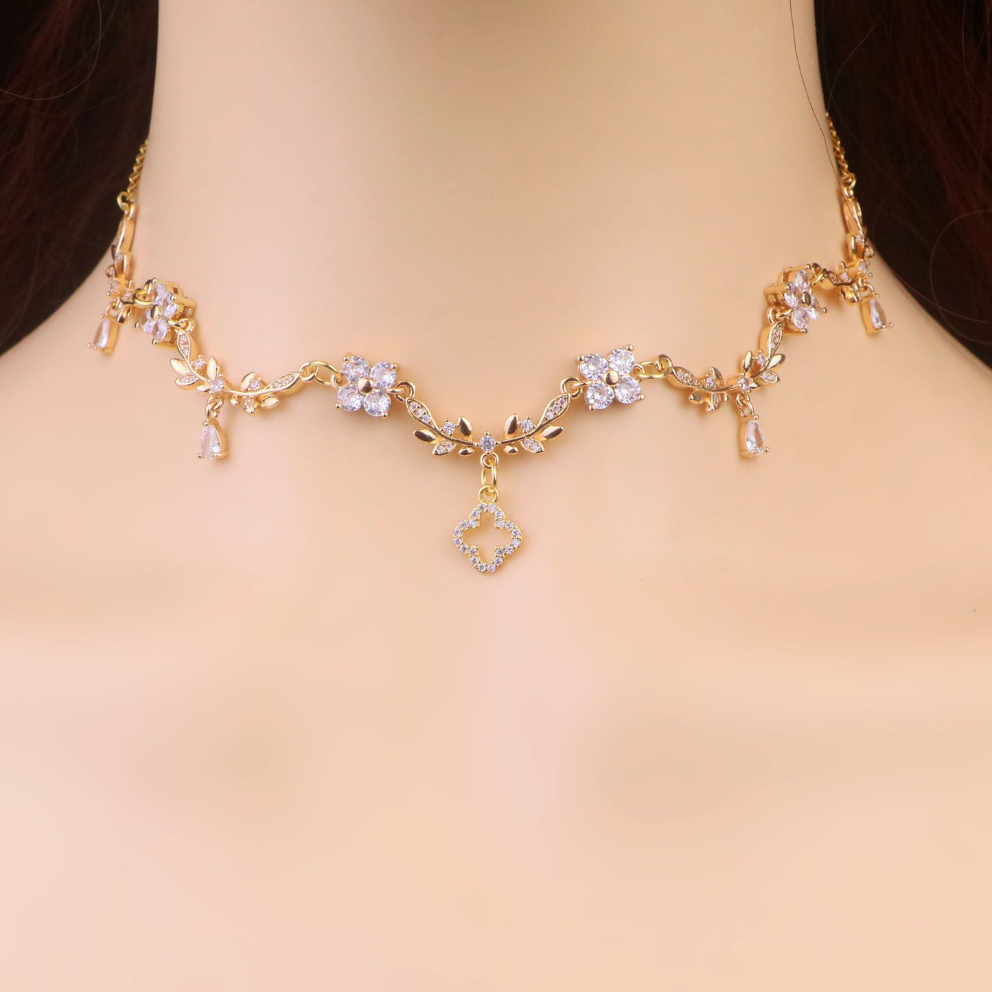 Gold Diamond Clover Pendant Necklace, Olive Leaf Vine Necklace,Clover Charm Fairy Choker Necklace