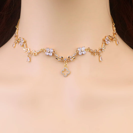 Gold Diamond Clover Pendant Necklace, Olive Leaf Vine Necklace,Clover Charm Fairy Choker Necklace