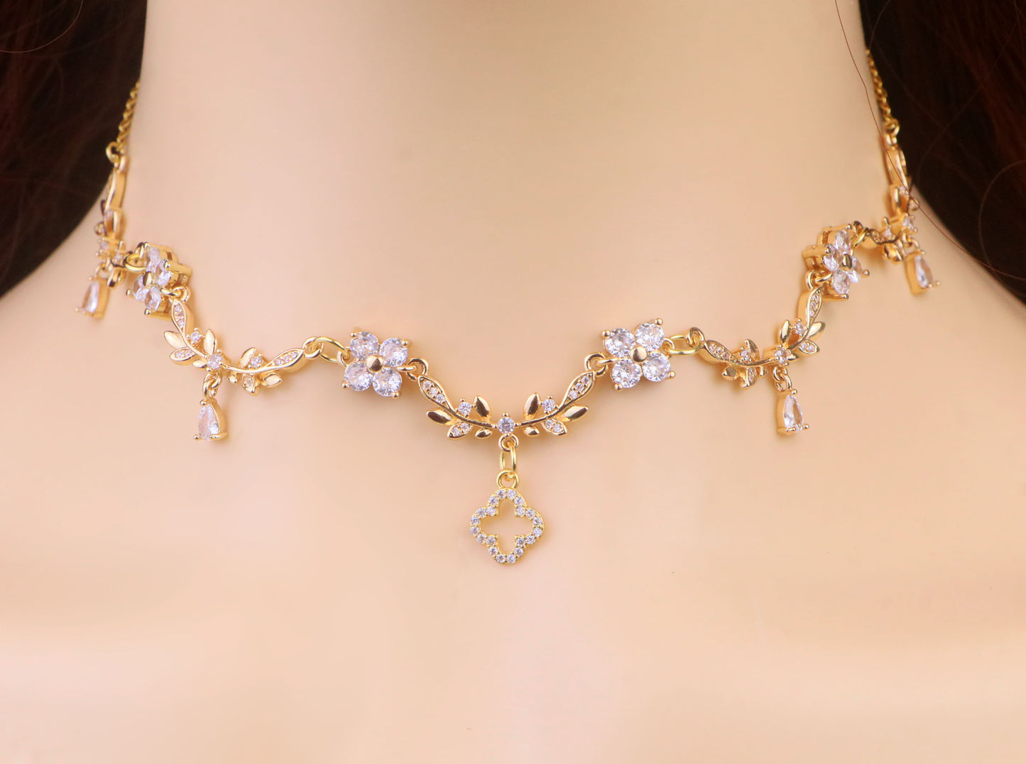 Gold Diamond Clover Pendant Necklace, Olive Leaf Vine Necklace,Clover Charm Fairy Choker Necklace