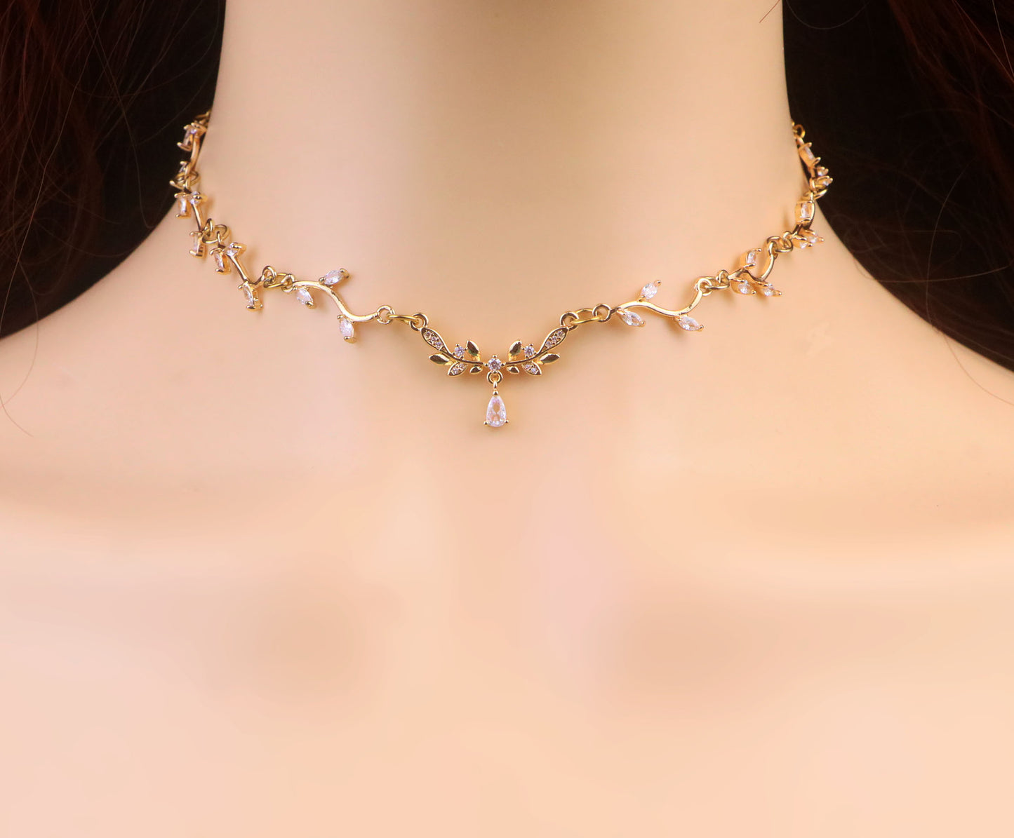 Gold Olive Leaf Vine Necklace, Diamond Leaf Flower Fairy Bridal Choker Necklace,Flower Teardrop Necklace