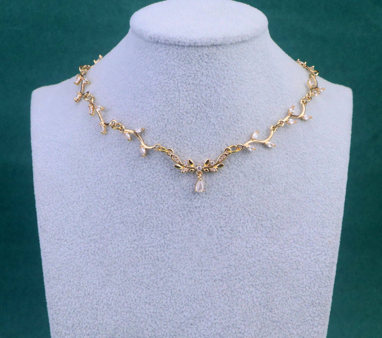 Gold Olive Leaf Vine Necklace, Diamond Leaf Flower Fairy Bridal Choker Necklace,Flower Teardrop Necklace