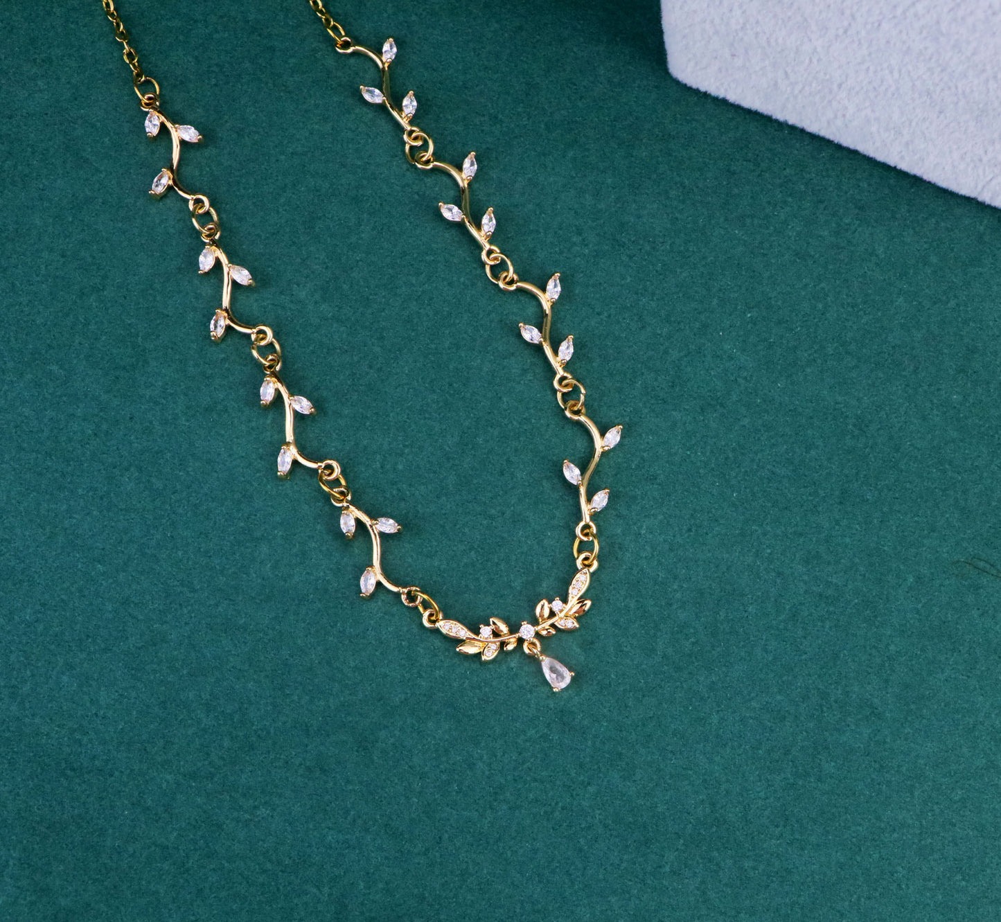 Gold Olive Leaf Vine Necklace, Diamond Leaf Flower Fairy Bridal Choker Necklace,Flower Teardrop Necklace