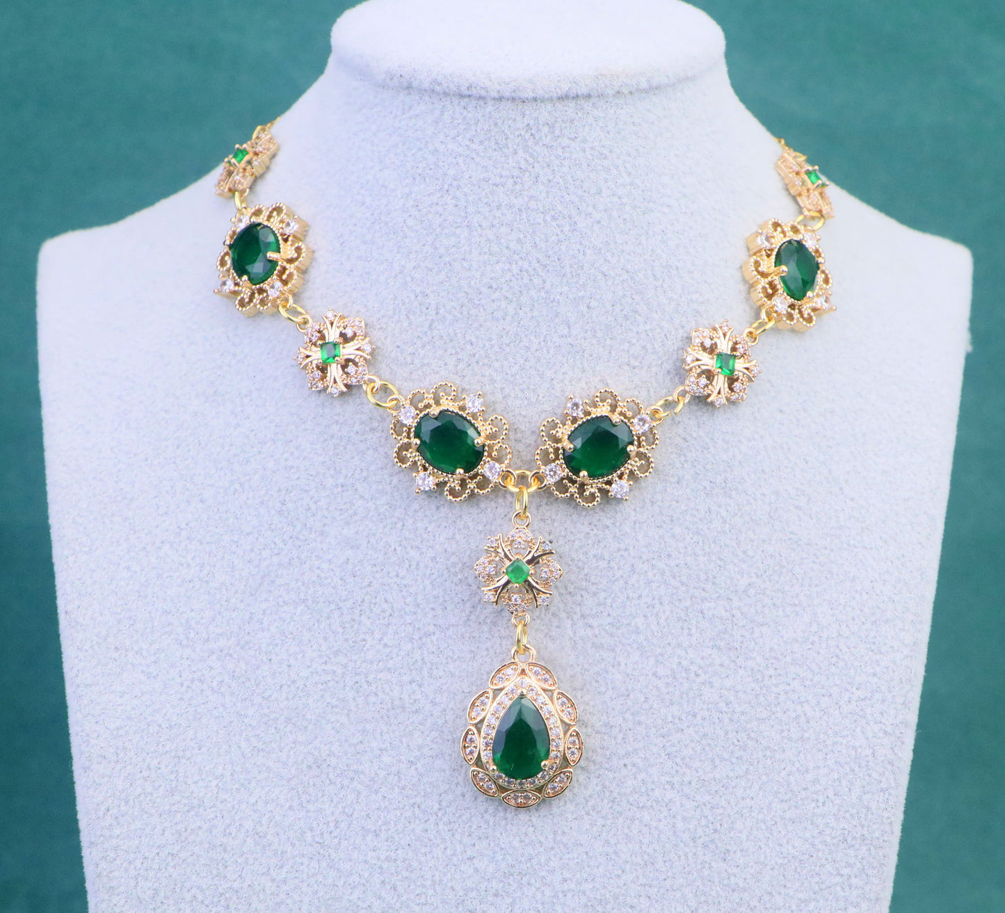 Gold Emerald Green Diamond Cross Choker Necklace,Green Teardrop bridal wedding Necklace