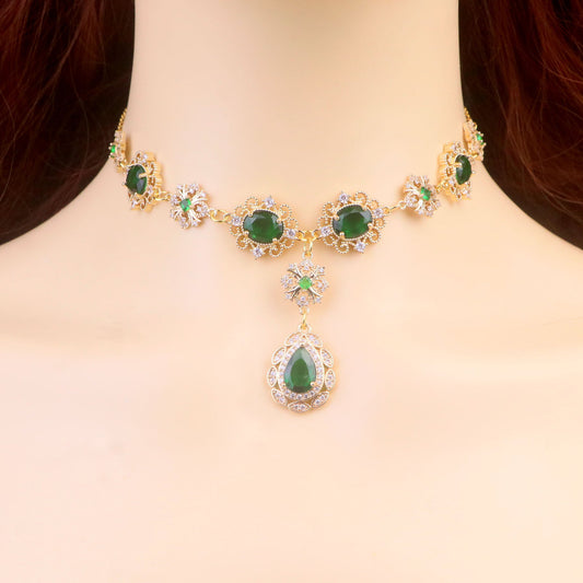 Gold Emerald Green Diamond Choker Necklace,Green Teardrop Necklace Earrings,Regency bridal wedding Necklace,Fantasy fairycore princess Jewelry,Stainless Steel Chain