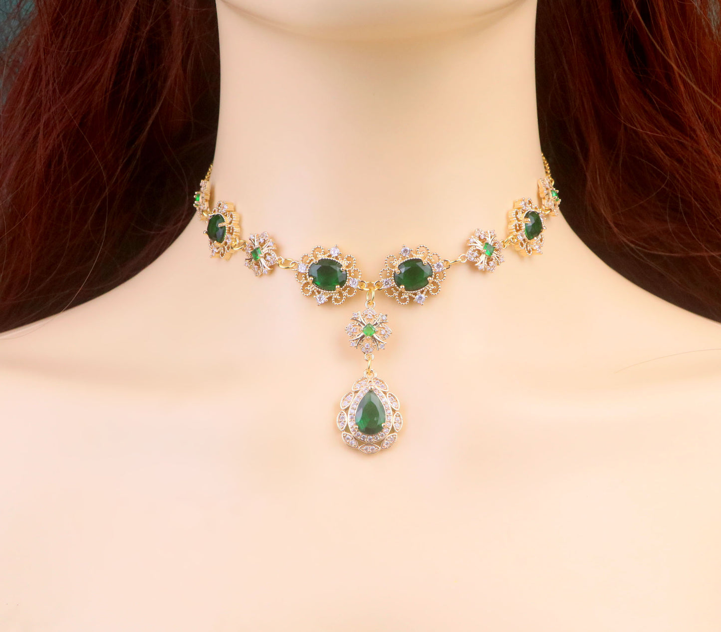 Gold Emerald Green Diamond Cross Choker Necklace,Green Teardrop bridal wedding Necklace