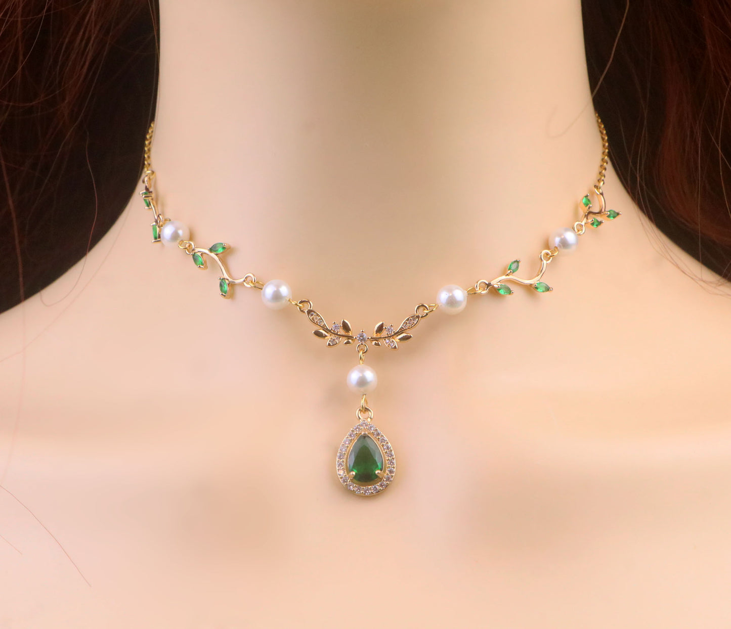 Gold Green Leaf Pearl Fairy Choker Necklace,Olive Leaf Vine Necklace,Emerald Green Teardrop Necklace Earrings ,Leaf bridal Necklace