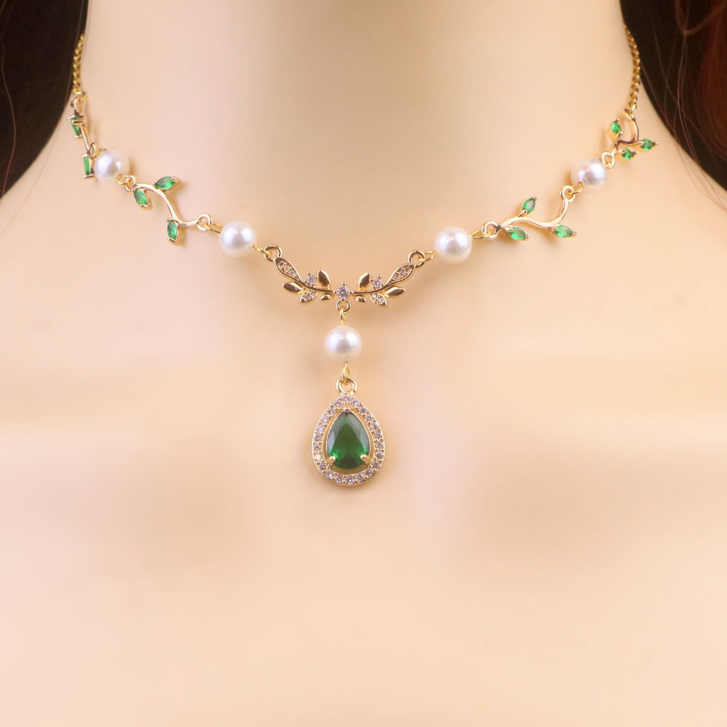 Gold Green Leaf Pearl Fairy Choker Necklace,Olive Leaf Vine Necklace,Emerald Green Teardrop Necklace Earrings ,Leaf bridal Necklace