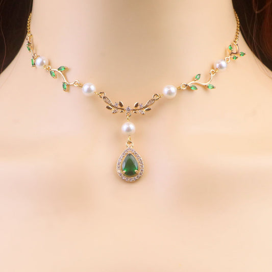 Gold Green Leaf Pearl Fairy Choker Necklace,Olive Leaf Vine Necklace,Emerald Green Teardrop Necklace Earrings ,Leaf bridal Necklace