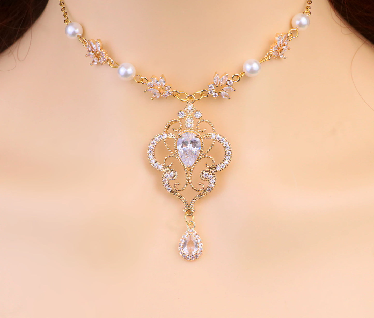 Gold Leaf Pearl Diamond Fairy Choker Necklace,Gold Bridal Wedding Necklace Earrings,Teardrop Necklace, Regency fairycore princess Jewelry