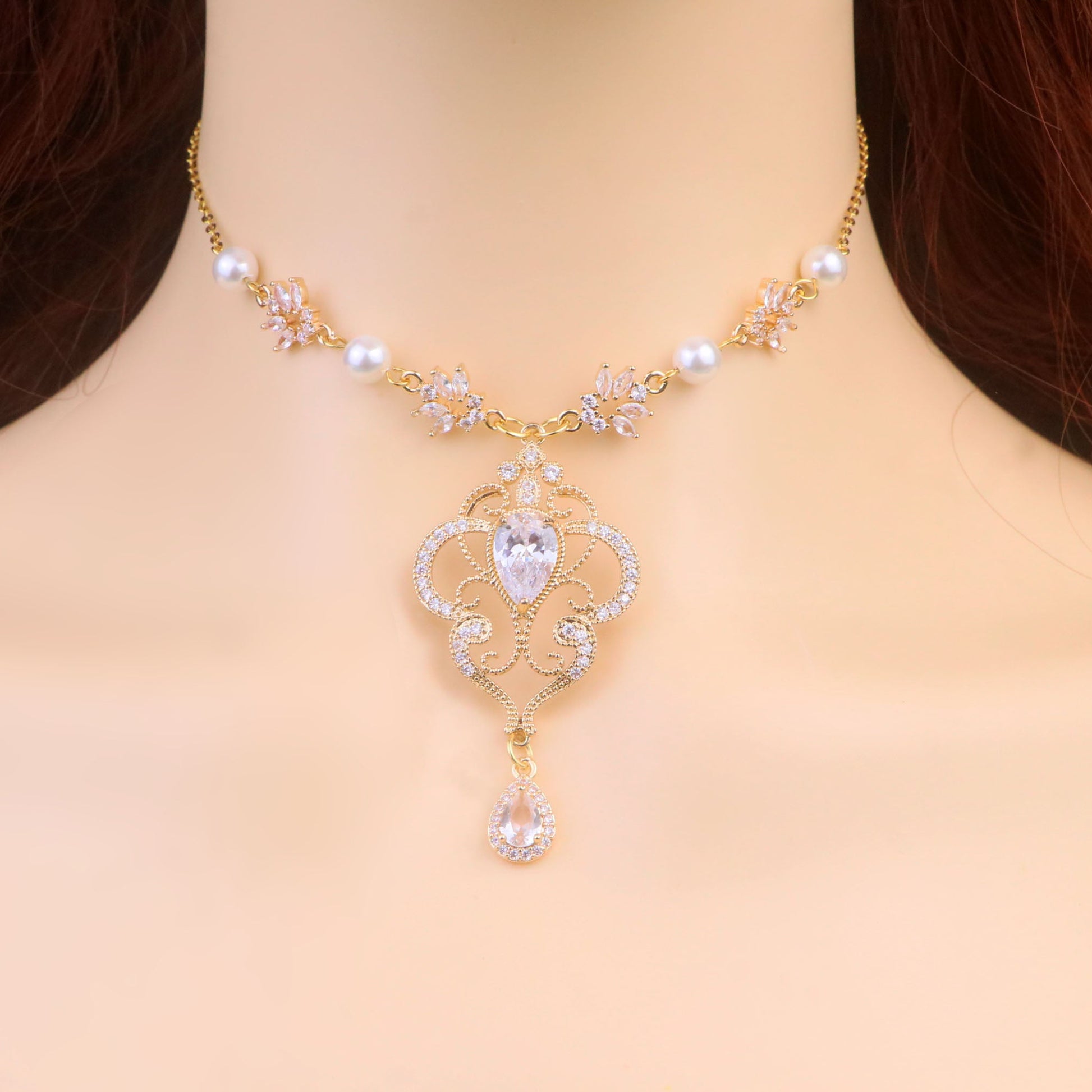 Gold Leaf Pearl Diamond Fairy Choker Necklace,Gold Bridal Wedding Necklace Earrings,Teardrop Necklace, Regency fairycore princess Jewelry