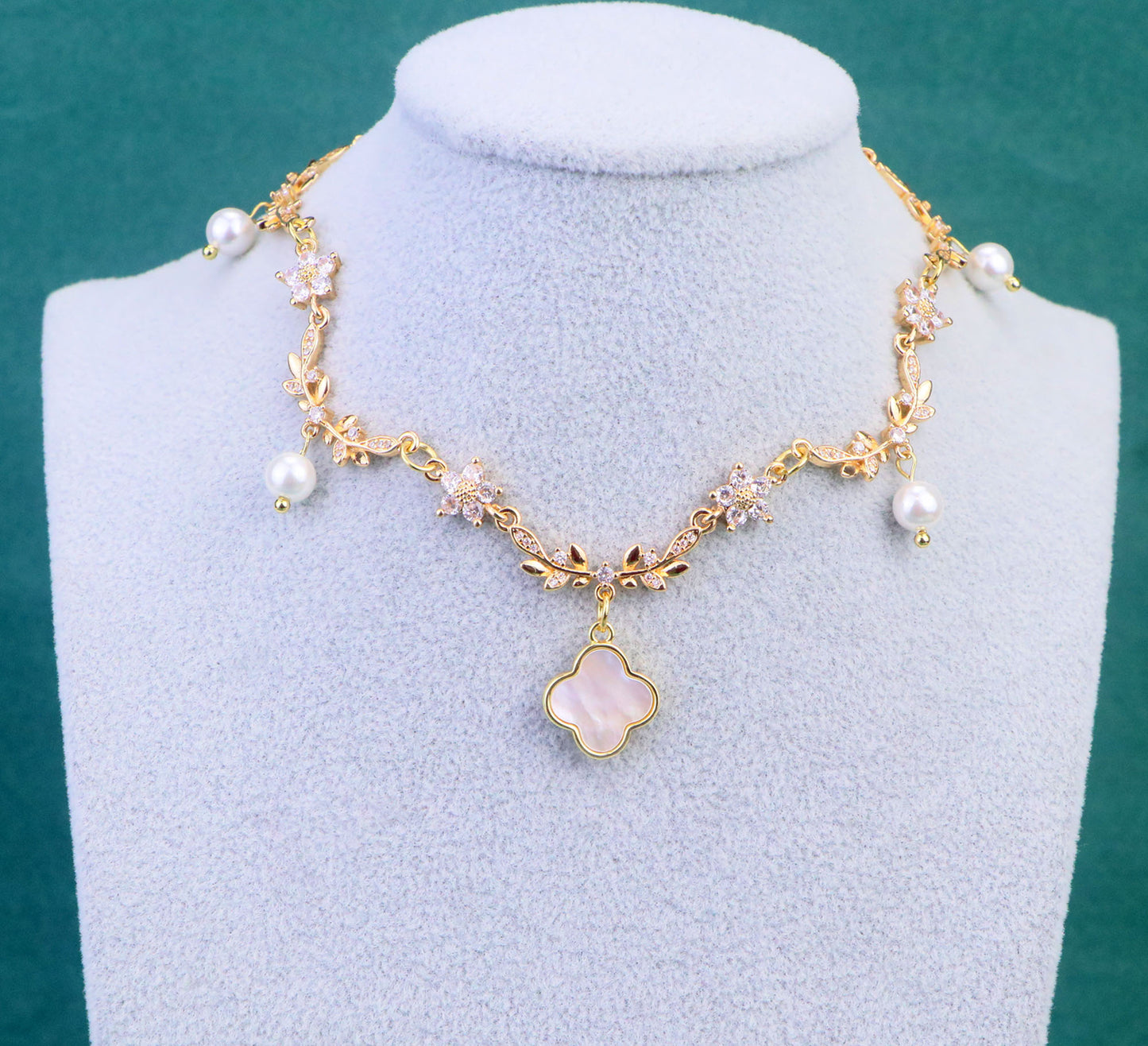 Gold Mother of Pearl Clover Pendant Necklace,Olive Leaf Vine Necklace