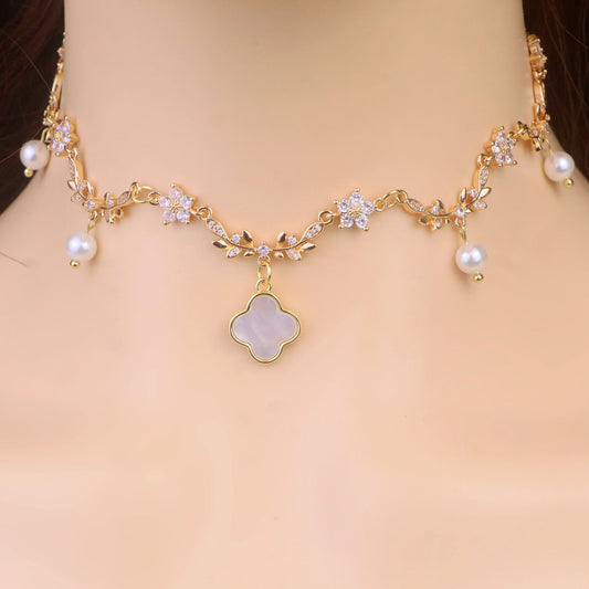 Gold Mother of Pearl Clover Pendant Necklace,Olive Leaf Vine Necklace